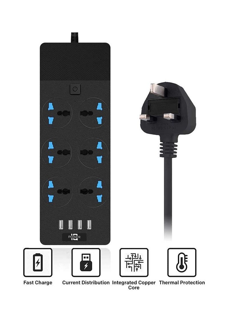 نكومي مقبس طاقة عالمي مع قابس بريطاني، مقبس طاقة مع 6 منافذ تيار متردد و4 منافذ USB، 110-240 فولت، 3000 واط، طول السلك 2 متر، سلك تمديد أسود محمول للمعدات الكهربائية أثناء السفر  - Image 2