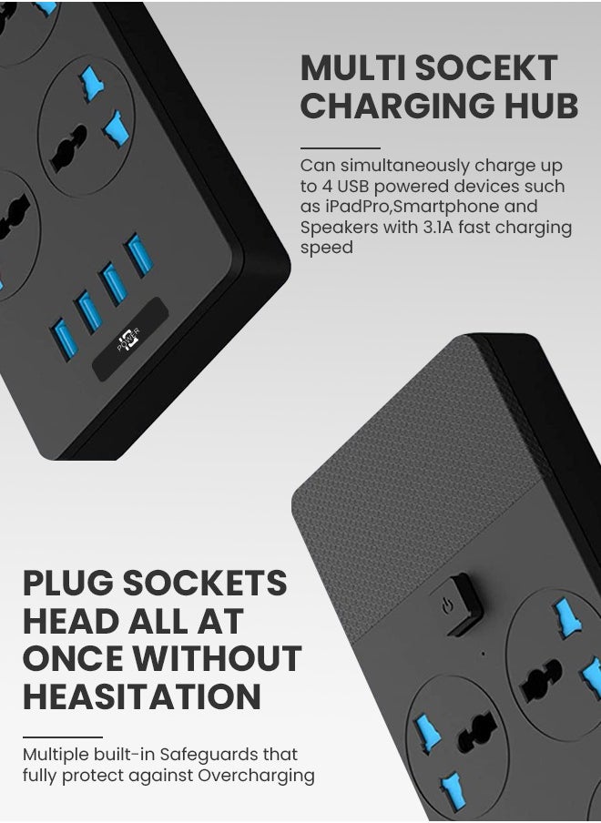 نكومي مقبس طاقة عالمي مع قابس بريطاني، مقبس طاقة مع 6 منافذ تيار متردد و4 منافذ USB، 110-240 فولت، 3000 واط، طول السلك 2 متر، سلك تمديد أسود محمول للمعدات الكهربائية أثناء السفر  - Image 4