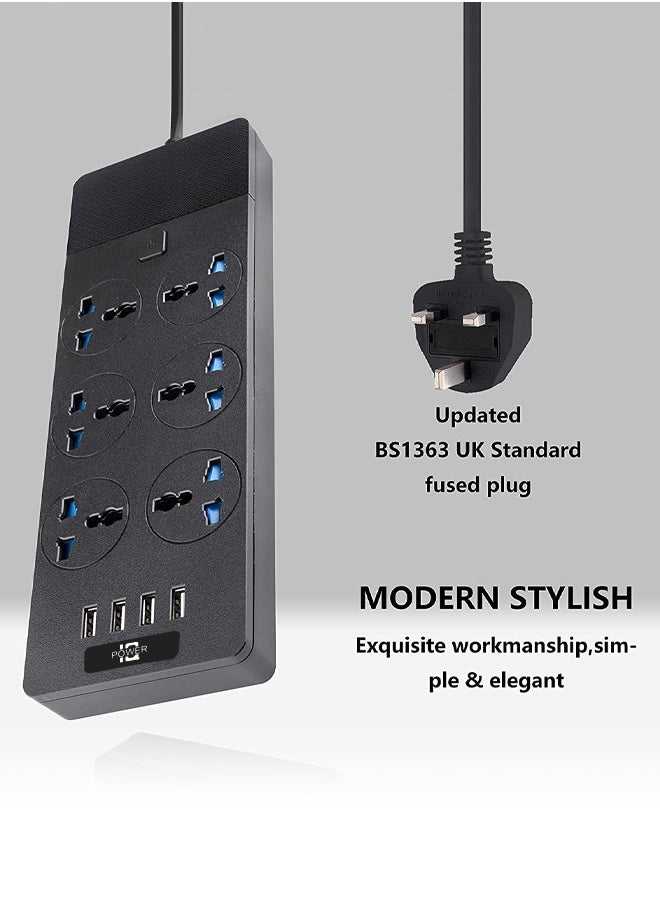 نكومي مقبس طاقة عالمي مع قابس بريطاني، مقبس طاقة مع 6 منافذ تيار متردد و4 منافذ USB، 110-240 فولت، 3000 واط، طول السلك 2 متر، سلك تمديد أسود محمول للمعدات الكهربائية أثناء السفر  - Image 5