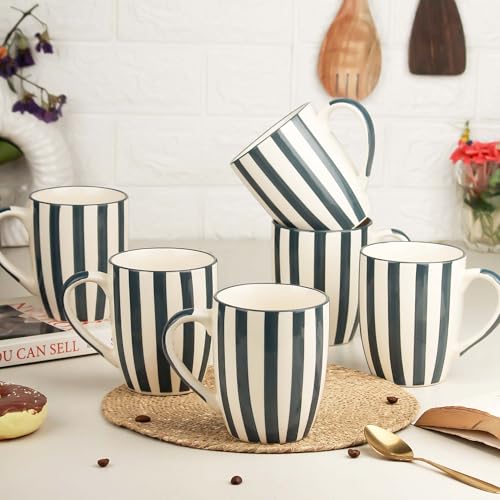 The Earth Store Grey Stripe Coffee Mug - 420ml Capacity, Microwave and Dishwasher Safe, Ceramic Coffee Mug for Home, Office & Christmas Gift | New Year Gift | Birthday Gift (Set of 6) - Image 1