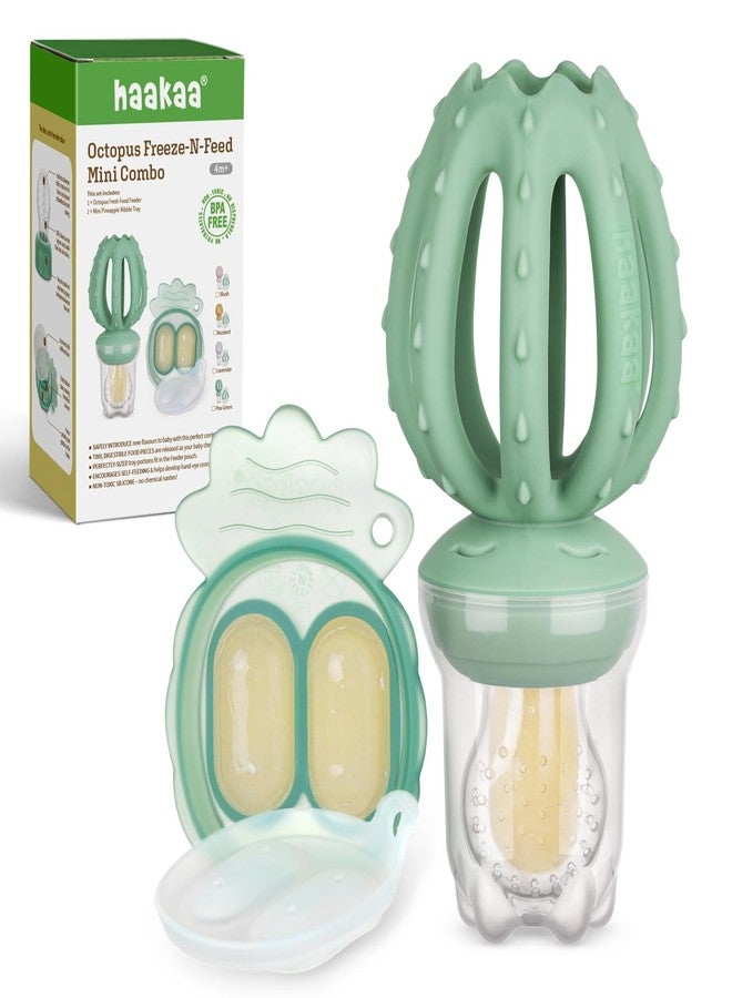 Haakaa Octopus Baby Fruit Food Feeder & Mini Freezer Nibble Tray Combo, Breastmilk Popsicle Molds for Cooling Relief, BPA Free Silicone Feeder for Safe Infant Self Feeding, 4 Month+(Pea Green) - Image 1