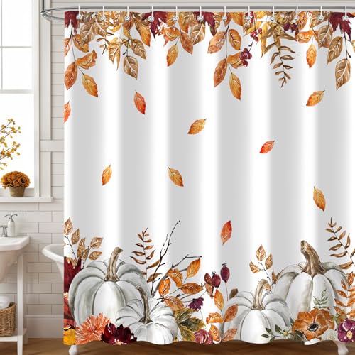 iTapnoom Fall Pumpkins Maple Leaf Shower Curtain, Autumn Leaves Harvest Thanksgiving Farmhouse Watercolor Seasonal Bathroom Curtain Sets, Waterproof Fabric Polyester with Hooks, 72x72 White - Image 2