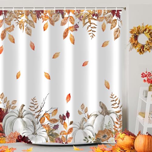 iTapnoom Fall Pumpkins Maple Leaf Shower Curtain, Autumn Leaves Harvest Thanksgiving Farmhouse Watercolor Seasonal Bathroom Curtain Sets, Waterproof Fabric Polyester with Hooks, 72x72 White - Image 3