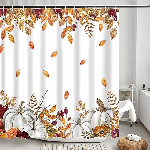 iTapnoom Fall Pumpkins Maple Leaf Shower Curtain, Autumn Leaves Harvest Thanksgiving Farmhouse Watercolor Seasonal Bathroom Curtain Sets, Waterproof Fabric Polyester with Hooks, 72x72 White - Image 4
