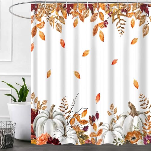 iTapnoom Fall Pumpkins Maple Leaf Shower Curtain, Autumn Leaves Harvest Thanksgiving Farmhouse Watercolor Seasonal Bathroom Curtain Sets, Waterproof Fabric Polyester with Hooks, 72x72 White - Image 1