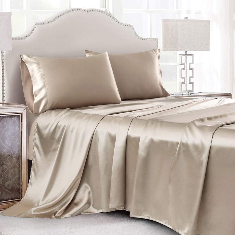 Cobedzy 4 Piece Luxury Queen Sheet Set Taupe Satin Sheet Set Soft Silky Bed Sheets Queen Set with 1 Deep Pocket Fitted Sheet 1 Flat Sheet 2 Satin Pillowcases
