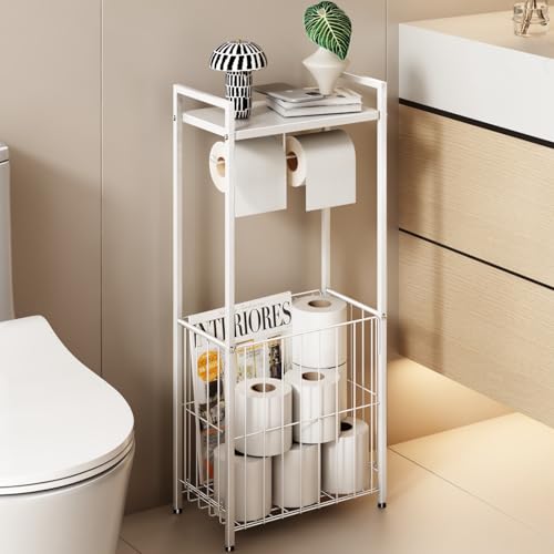 VOLDRA Toilet Paper Holder Stand with Storage Shelf, Free Standing Toilet Paper Roll Holder with Large Basket Heavy Duty Floor Double Tissue Dispenser for Bathroom Freestanding Tp Holder (Matte White) - Image 1