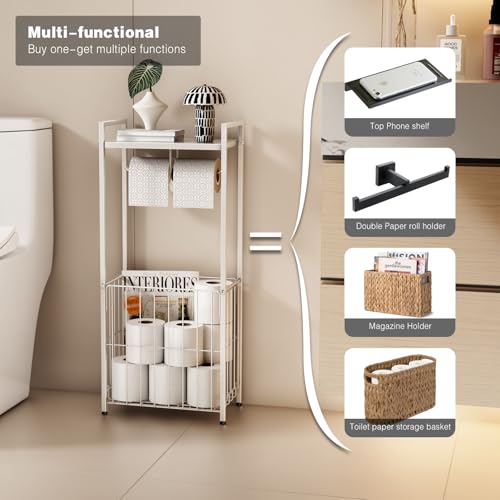VOLDRA Toilet Paper Holder Stand with Storage Shelf, Free Standing Toilet Paper Roll Holder with Large Basket Heavy Duty Floor Double Tissue Dispenser for Bathroom Freestanding Tp Holder (Matte White) - Image 4
