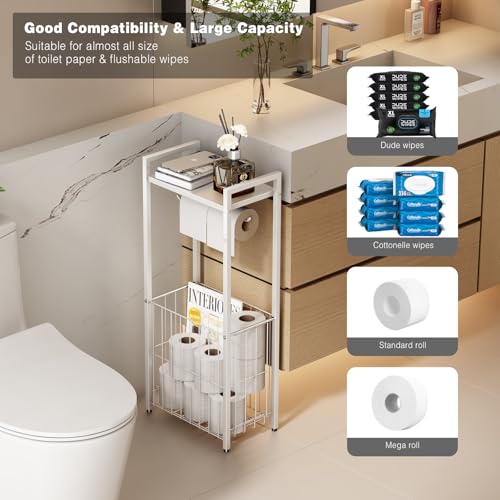 VOLDRA Toilet Paper Holder Stand with Storage Shelf, Free Standing Toilet Paper Roll Holder with Large Basket Heavy Duty Floor Double Tissue Dispenser for Bathroom Freestanding Tp Holder (Matte White) - Image 5