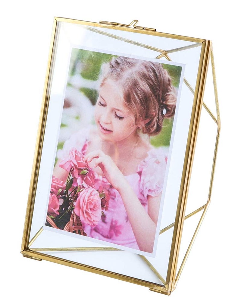 Levilan 6x8 Floating Picture Frame  Family Photo Display for Desk or Wall Geometric Home Decor Double Glass  Brass Metal 6x8