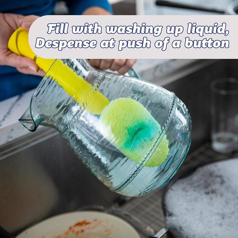سكراب دادي حزمة فرشاة تنظيف الأطباق Scrub Daddy - فرشاة تنظيف مزودة بخزان صابون ورأسين قابلين للتغيير، وإسفنج أصفر من Scrub Daddy ورأس توصيل - إسفنجات تنظيف بتغير في القوام مع مقبض - Image 2