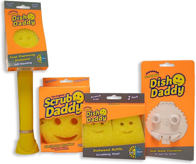 سكراب دادي حزمة فرشاة تنظيف الأطباق Scrub Daddy - فرشاة تنظيف مزودة بخزان صابون ورأسين قابلين للتغيير، وإسفنج أصفر من Scrub Daddy ورأس توصيل - إسفنجات تنظيف بتغير في القوام مع مقبض - Image 1