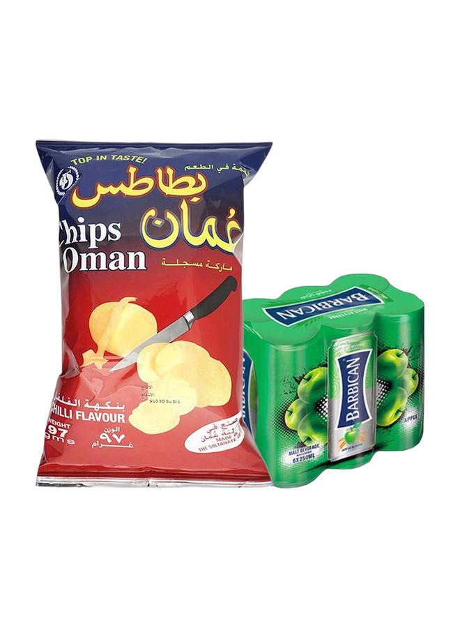 noon Chips Oman Chilli Flavour Potato Chips 97grams + Barbican Apple Flavor Malt Beverage, Can, 250ml × 6 Pack of 6 - Image 1