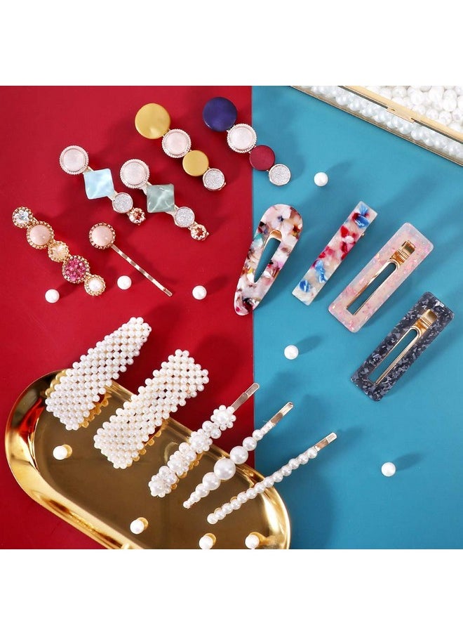 MagicSky - 28 Pcs Hingwah Pearls And Acrylic Resin Hair Clips, Handmade Hair Barrettes, Marble Alligator Bobby Pins, Glitter Crystal Geometric Hairpin, Elegant Gold Hair Accessories, Gifts For Women Girls - Image 1