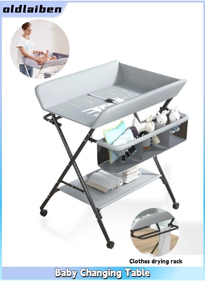 Baby Changing Table, Folding Diaper Changing Station with Lockable Wheels, Portable Changing Table 3-Level Adjustable Heights, with Storage Basket & Hanging Racks for Newborns & Infant - pzsku/ZCAAA02A6E4F39ADD6D72Z/45/_/1740650789/ddc3d82f-a493-4d8f-981f-ff2084764b54