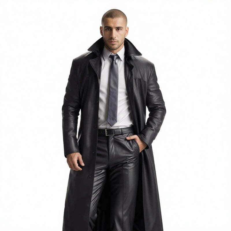 Men's Long PU Leather Trench Coat Slim Fit Fashion Outerwear