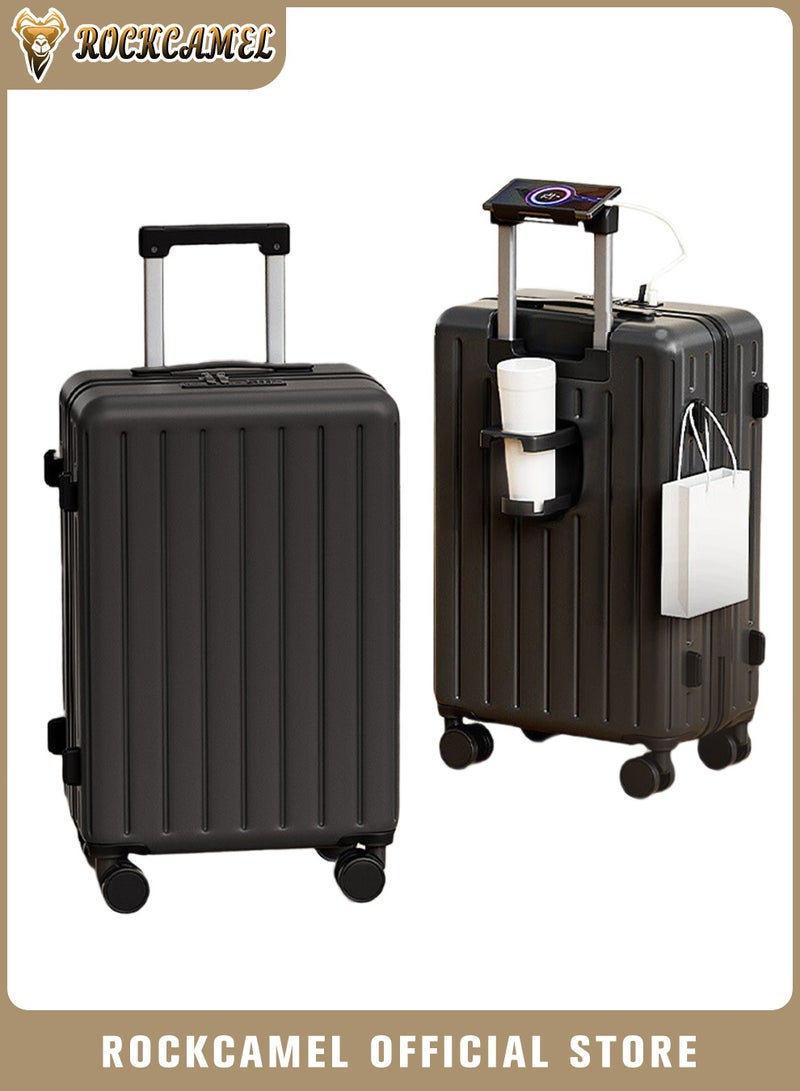 ROCKCAMEL ABS Hard Shell Travel Luggage With Durable Wheels, Multifunction Suitcase With Cup Holder & USB Port, Checked Luggage (Black, 24-Inch) - Image 1
