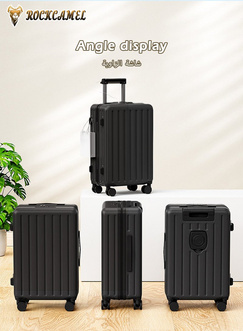 ROCKCAMEL ABS Hard Shell Travel Luggage With Durable Wheels, Multifunction Suitcase With Cup Holder & USB Port, Checked Luggage (Black, 24-Inch) - Image 2