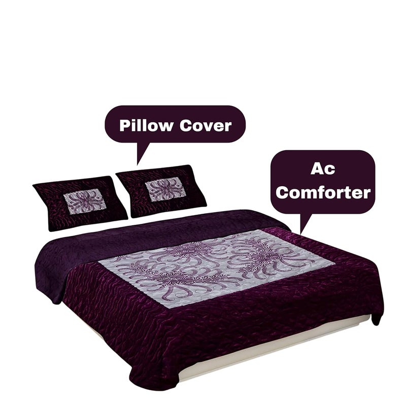 ManavRachit Satin Gold Printed Wedding Bedding Set 1 Double Bed Flat Sheet With 2 Pillow Cover and 1 AC Comforter King Size 310TC FalsaPurple Color Set of 4 Pcs - Image 3