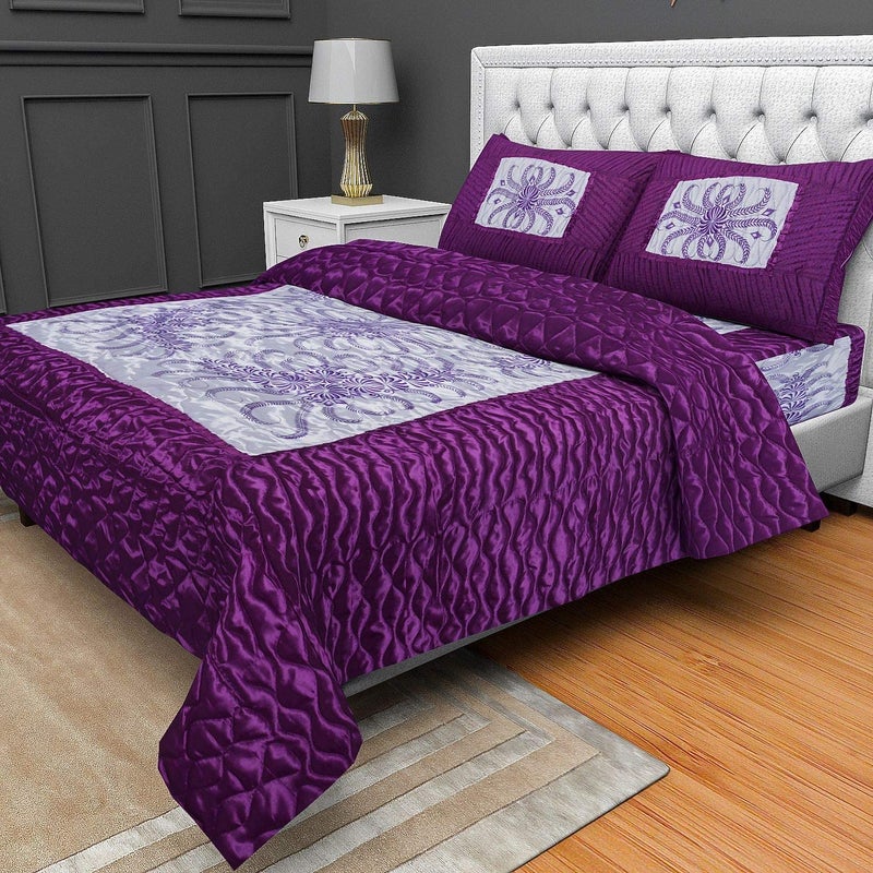 ManavRachit Satin Gold Printed Wedding Bedding Set 1 Double Bed Flat Sheet With 2 Pillow Cover and 1 AC Comforter King Size 310TC FalsaPurple Color Set of 4 Pcs - Image 4