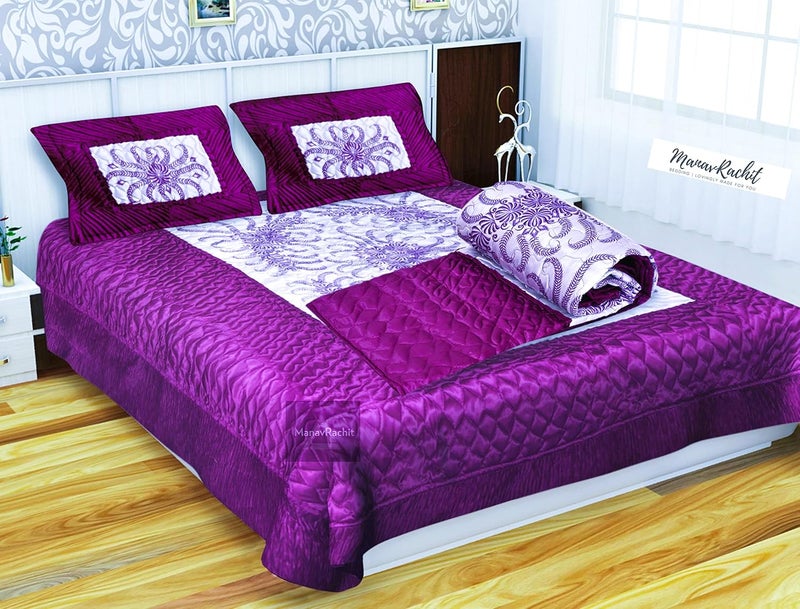 ManavRachit Satin Gold Printed Wedding Bedding Set 1 Double Bed Flat Sheet With 2 Pillow Cover and 1 AC Comforter King Size 310TC FalsaPurple Color Set of 4 Pcs - Image 1