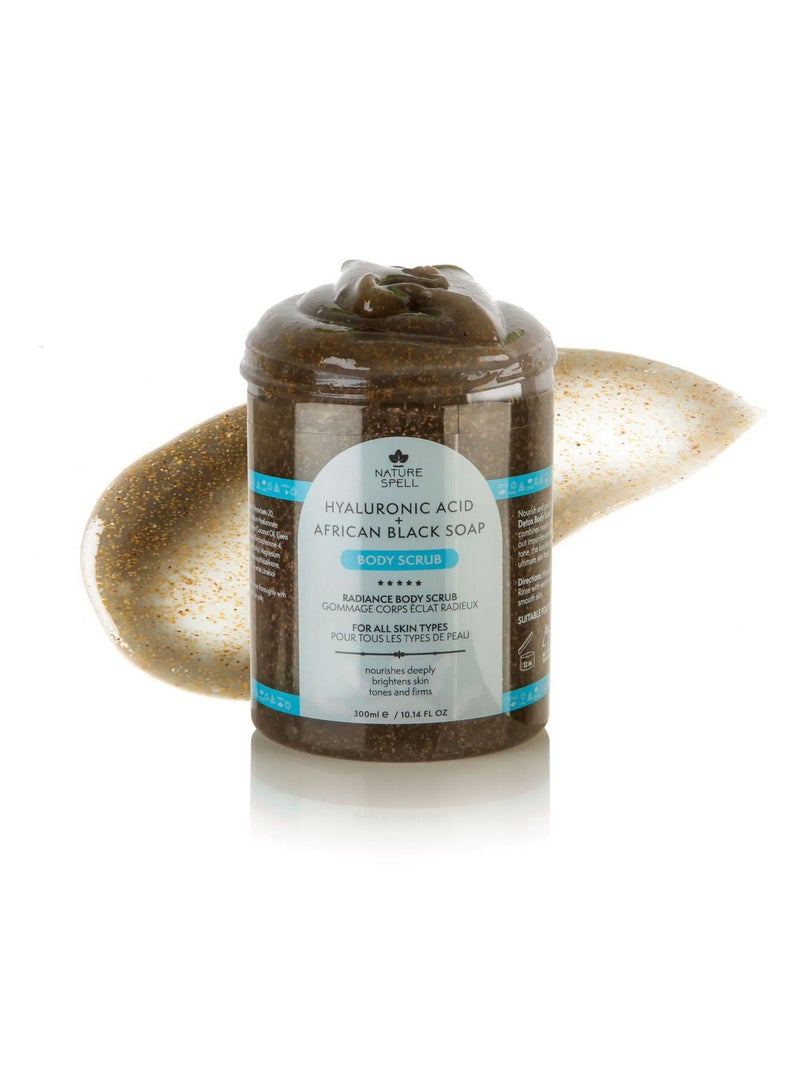 نايتشر سبيل مقشر الجسم من Nature Spell بحمض الهيالورونيك وصابون الأفريقي الأسود 300 مل - ينظف ويرطب البشرة - Image 1