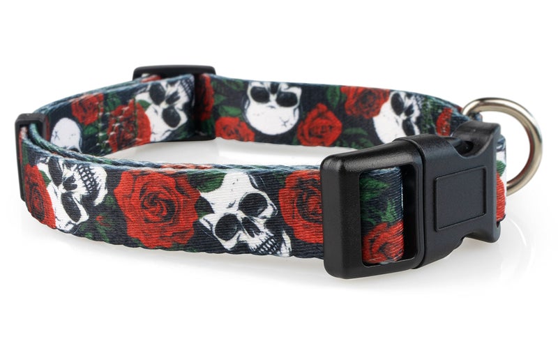 Limeloot Skulls and Roses Dog Collar for Medium Dogs, Boy or Girl Dog Collar with Flowers and Skulls, Medium - Image 1