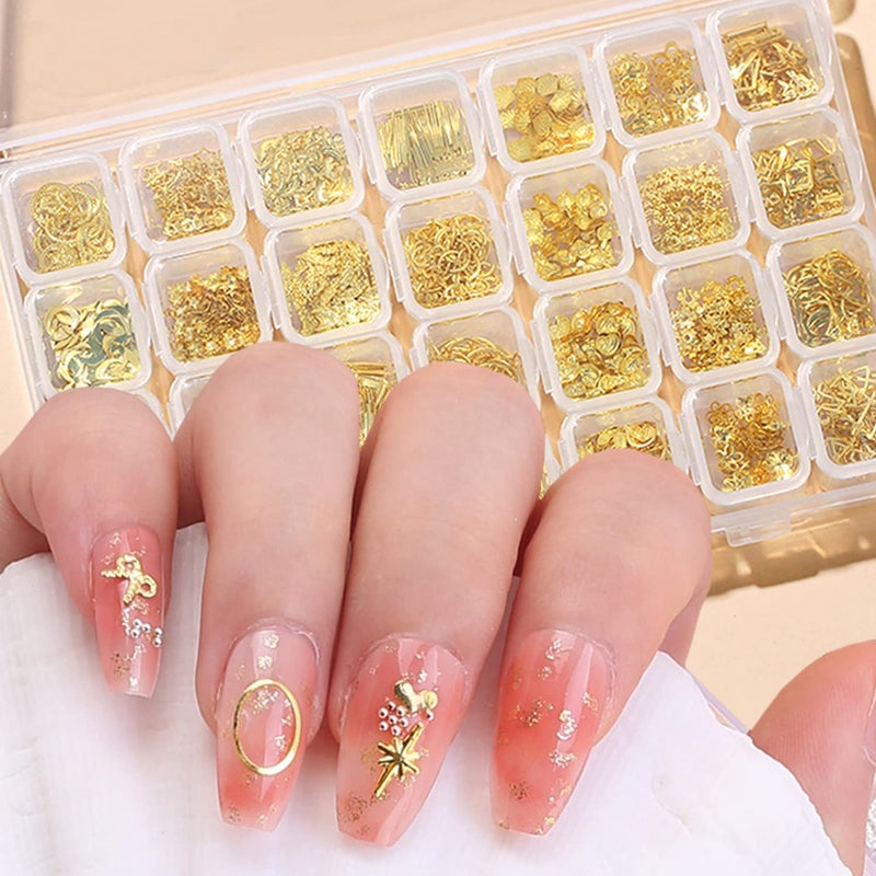 28 Grids Gold Metal Nail Studs Multiple Shapes Rivet Jewelry Accessories 3D Mix Geometry Nail Art Glitter Flakes Decorations Set for Women Girls Manicure Acrylic Nails Supplies DIY Crafts Sequins