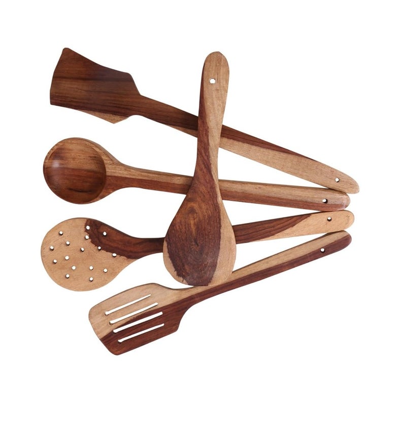 ShopiMoz Shopimoz Neem Wood Brown Handmade Special Spatulas for Cooking and Serving 5 Piece  - Image 1