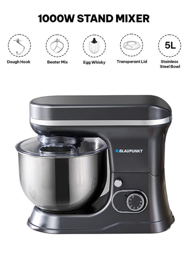 Blaupunkt Stand Mixer 1000W – 6-Speed with Pulse, 5L Stainless Steel Bowl, Dough Hook, Beater, Whisk, Metal Gear, Planetary Mixing, Splash Guard, Tilt Head, 2-Year Warranty - Image 1
