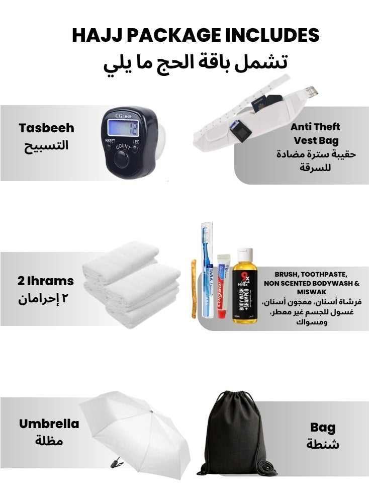 Hajj & Umrah Premium Hajj Kit for 10 Days Ihram Set Bag Umbrella Tasbeeh Complete Travel Essentials - Image 2