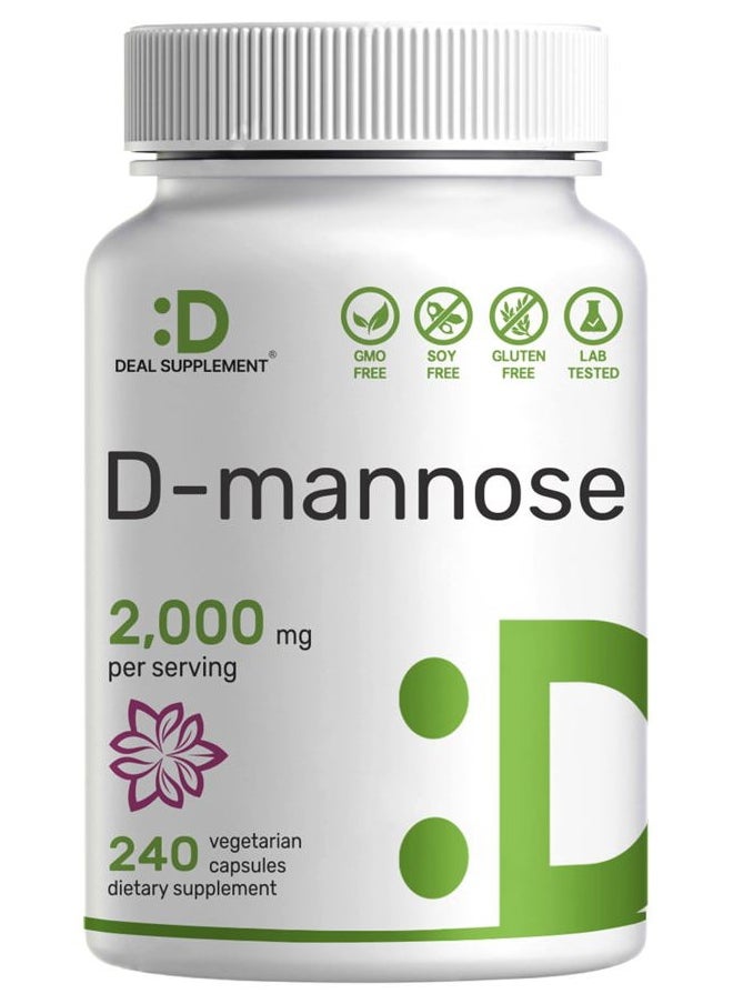 DEAL SUPPLEMENT - D Mannose 500mg Capsules (2,000mg Per Serving), 240 Veggie Pills – Fast Acting Water-Soluble Form – Extra Strength Urinary Tract (UTI) Health Support – Non-GMO, Vegan Friendly - Image 1