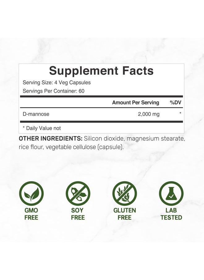 DEAL SUPPLEMENT - D Mannose 500mg Capsules (2,000mg Per Serving), 240 Veggie Pills – Fast Acting Water-Soluble Form – Extra Strength Urinary Tract (UTI) Health Support – Non-GMO, Vegan Friendly - Image 1