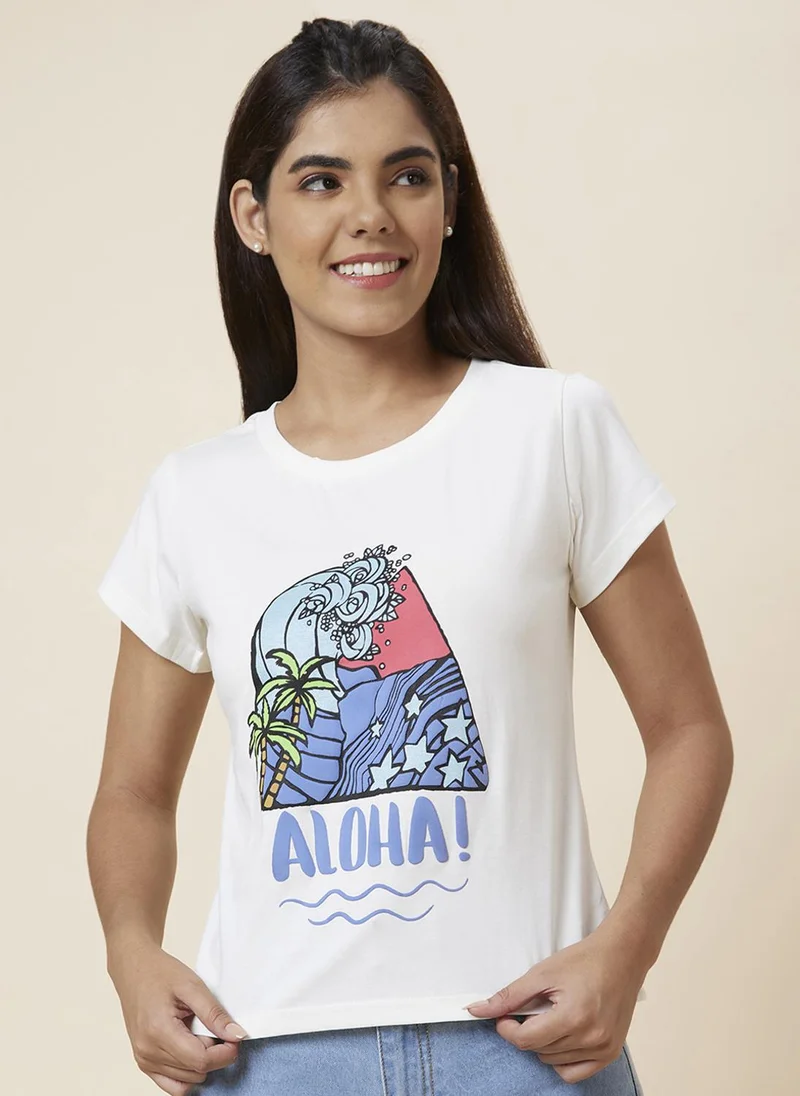globus Globus Women White Graphic Printed Pure Cotton T-Shirt
