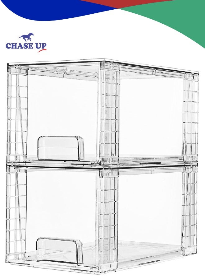 Chase Up 2 Pack Large Stackable Storage Drawers, Clear Acrylic Organiser Bins with Handles, Easily Assemble for Bathroom, Kitchen Undersink, Cabinet, Closet, Makeup, Pantry Organization - Image 1