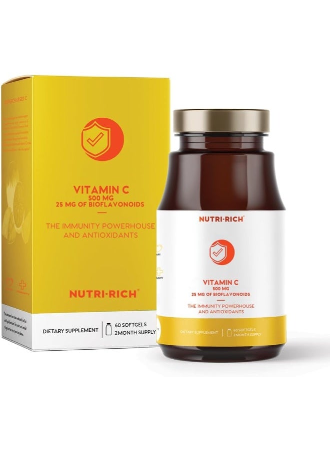 Nutri-Rich مكمل فيتامين سي حمض الأسكوربيك 500 ملغ للبالغين، 25 ملغ من البيوفلافونويد، دعم المناعة، دعم مضاد للأكسدة، خالي من الغلوتين، 60 كبسولة لينة، إمداد لمدة شهرين - Image 1