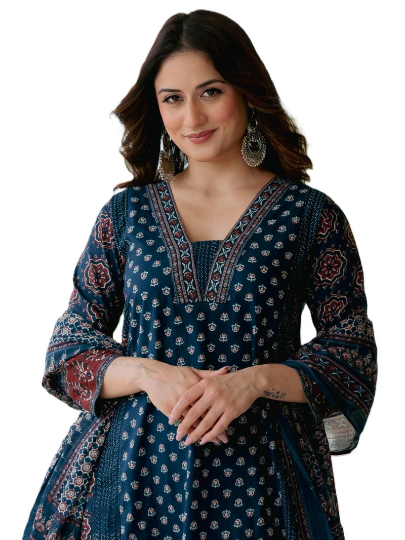 Arayna Women’s 100% Pure Cotton Printed Ethnic Suit | A-Line Kurta Set with Pant & Dupatta, Navy Blue, 3X-Large - Image 1
