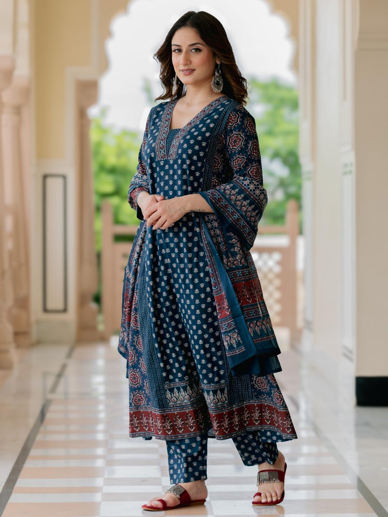 Arayna Women’s 100% Pure Cotton Printed Ethnic Suit | A-Line Kurta Set with Pant & Dupatta, Navy Blue, 3X-Large - Image 4