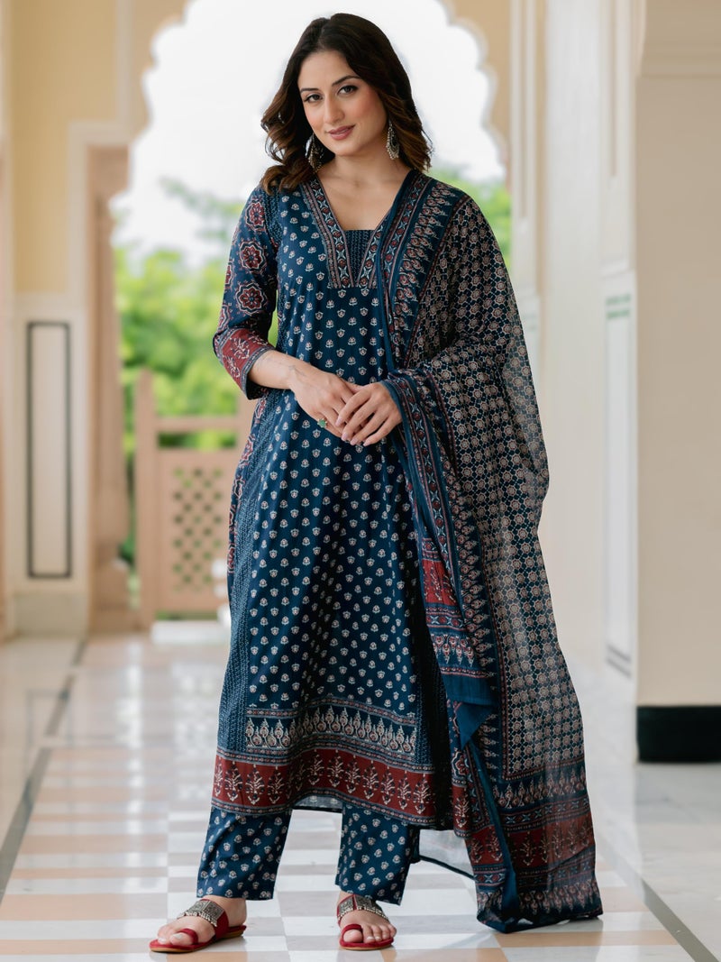 Arayna Women’s 100% Pure Cotton Printed Ethnic Suit | A-Line Kurta Set with Pant & Dupatta, Navy Blue, 3X-Large - Image 2