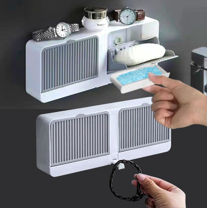 شيك سكوير حامل صابون جداري بتصميم تصريف، طبق صابون ذاتي التصريف من طبقتين، صندوق صابون بدون حفر، صينية تخزين صابون مانعة للانزلاق للاستحمام والمغسلة، منظم تخزين موفر للمساحة (رمادي فاتح) - Image 1