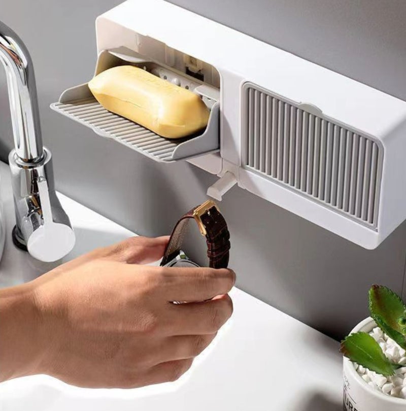 شيك سكوير حامل صابون جداري بتصميم تصريف، طبق صابون ذاتي التصريف من طبقتين، صندوق صابون بدون حفر، صينية تخزين صابون مانعة للانزلاق للاستحمام والمغسلة، منظم تخزين موفر للمساحة (رمادي فاتح) - Image 3