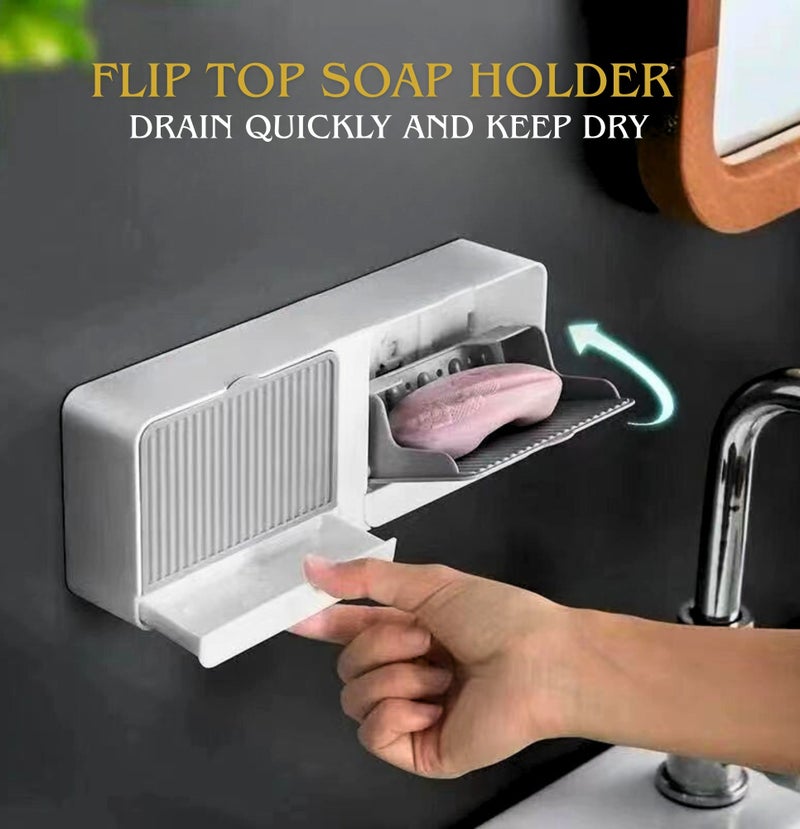 شيك سكوير حامل صابون جداري بتصميم تصريف، طبق صابون ذاتي التصريف من طبقتين، صندوق صابون بدون حفر، صينية تخزين صابون مانعة للانزلاق للاستحمام والمغسلة، منظم تخزين موفر للمساحة (رمادي فاتح) - Image 2