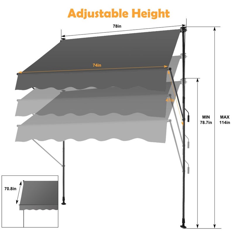 SMONTER Manual Retractable Awning, 78" Non-Screw Outdoor Patio Awning Sunshade Shelter, Height Adjustable Sunshade Patio Door Window Awning Canopy for Backyard, Garden, Balcony, Beige - Image 4