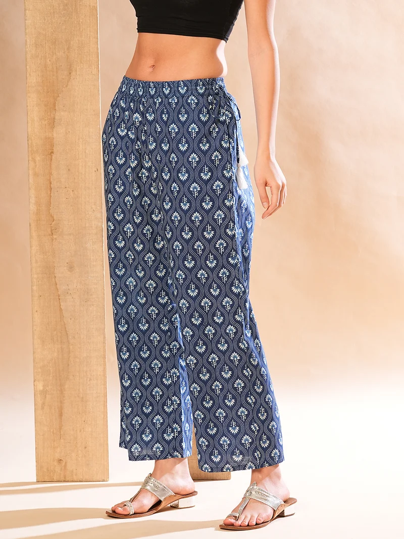 globus Women Allover Floral Ethnic Printed Straight Palazzos With Tassel Dori
