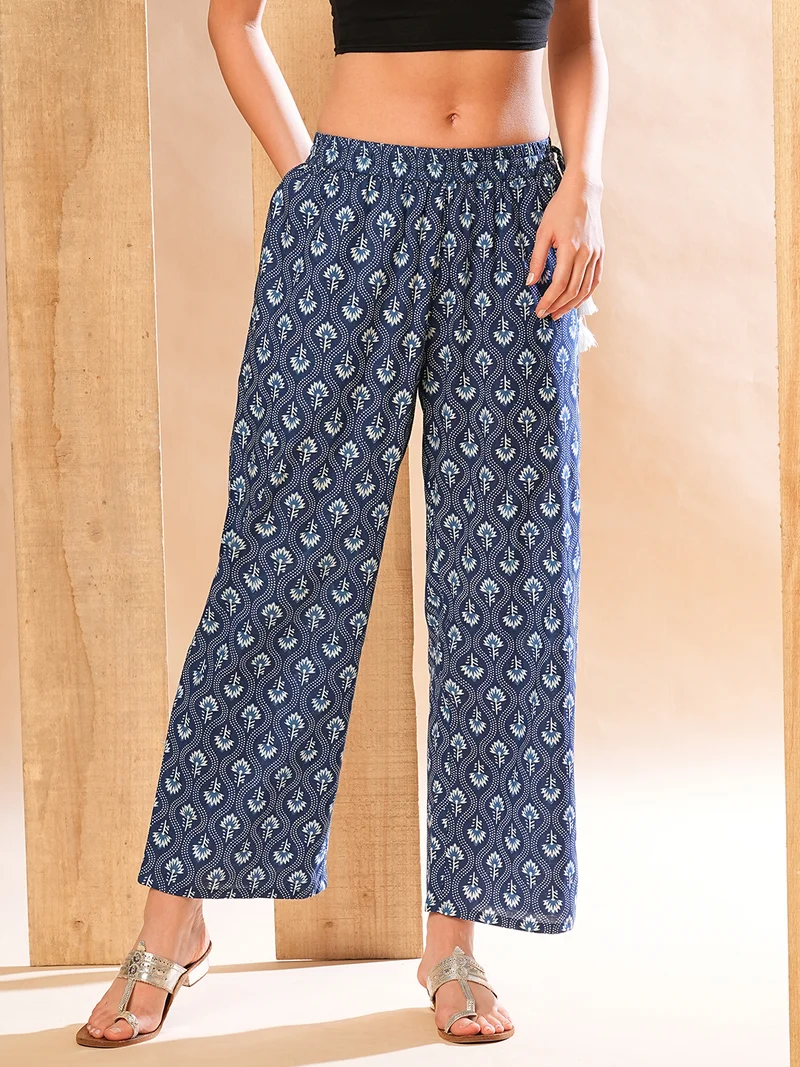 globus Women Allover Floral Ethnic Printed Straight Palazzos With Tassel Dori