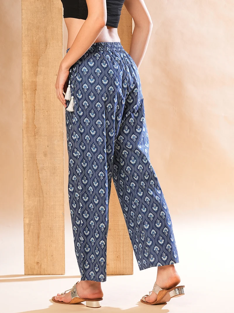 globus Women Allover Floral Ethnic Printed Straight Palazzos With Tassel Dori