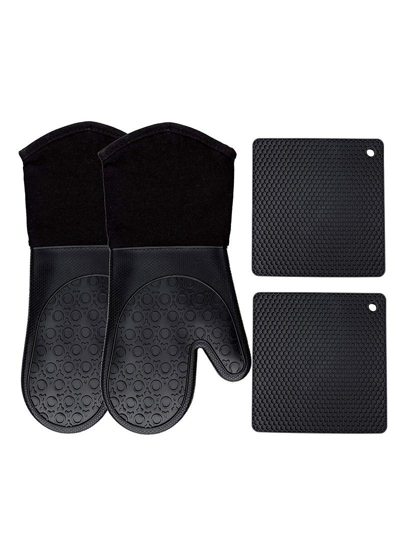 XiuWoo Silicone Oven Mitts and Pot Holders Set, Heat Resistant Mittens with Mini Gloves Hot Pads, for Kitchen Baking Cooking, Quilted Liner, Black,Pack of 4  - Image 1