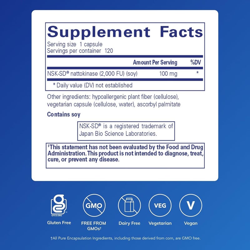 Pure Encapsulations مكمل غذائي ناتوكيناز NSK-SD من بيور إنكابسوليشنز 100 ملغ - 120 كبسولة لدعم تدفق الدم والدورة الدموية - Image 2