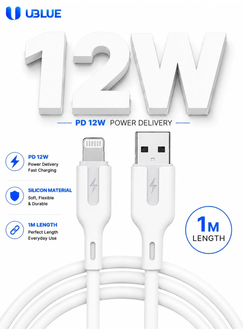 يوبلو كابل شحن UBLUE لأجهزة iPhone، من USB-A إلى Lightning، مصنوع من السيليكون، بطول 1 متر، للشحن ونقل البيانات، باللون الأبيض، متوافق مع أجهزة iPhone 12/13/14 Pro/Plus/Pro Max، وجميع سلاسل iPhone من 8 إلى 13، وأجهزة iPad. - Image 1