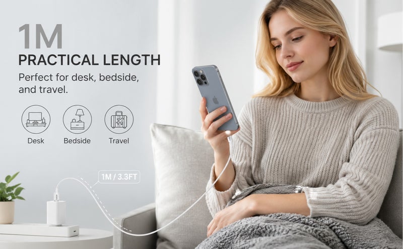 يوبلو كابل شحن UBLUE لأجهزة iPhone، من USB-A إلى Lightning، مصنوع من السيليكون، بطول 1 متر، للشحن ونقل البيانات، باللون الأبيض، متوافق مع أجهزة iPhone 12/13/14 Pro/Plus/Pro Max، وجميع سلاسل iPhone من 8 إلى 13، وأجهزة iPad. - Image 2